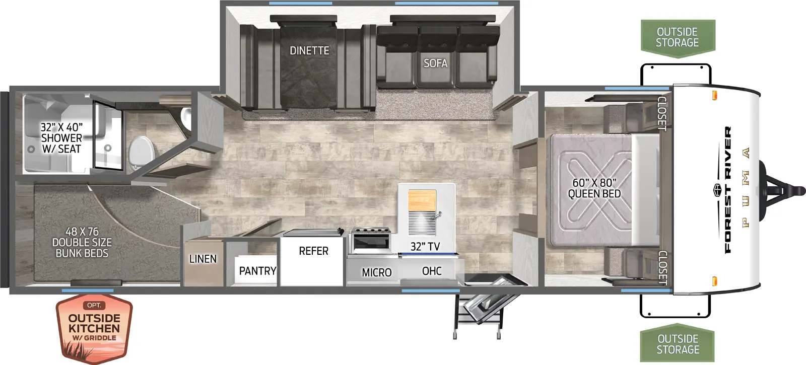 The Puma Camping Edition 283BHCE floorplan has one entry and one slide out. Exterior features include: metal exterior, 15' awning and outside kitchen. Interiors features include: bunk beds and front bedroom.